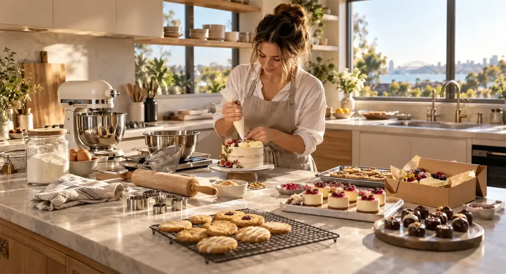 Essential home bakery equipment arranged on a kitchen workbench - Home Bakery Equipment Checklist