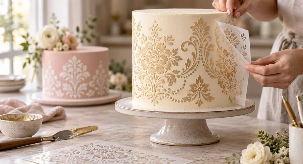how to use cake stencils and Carefully removing a cake stencil from buttercream to reveal a crisp floral design, with a decorated fondant cake in the background.